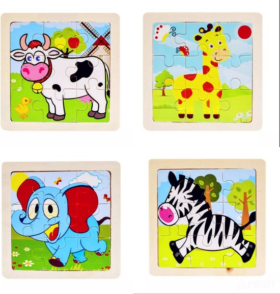 kaart mode kas Set van 4 houten puzzels dieren - Koe, giraffe, olifant en zebra -  Legpuzzels 9... | bol.com