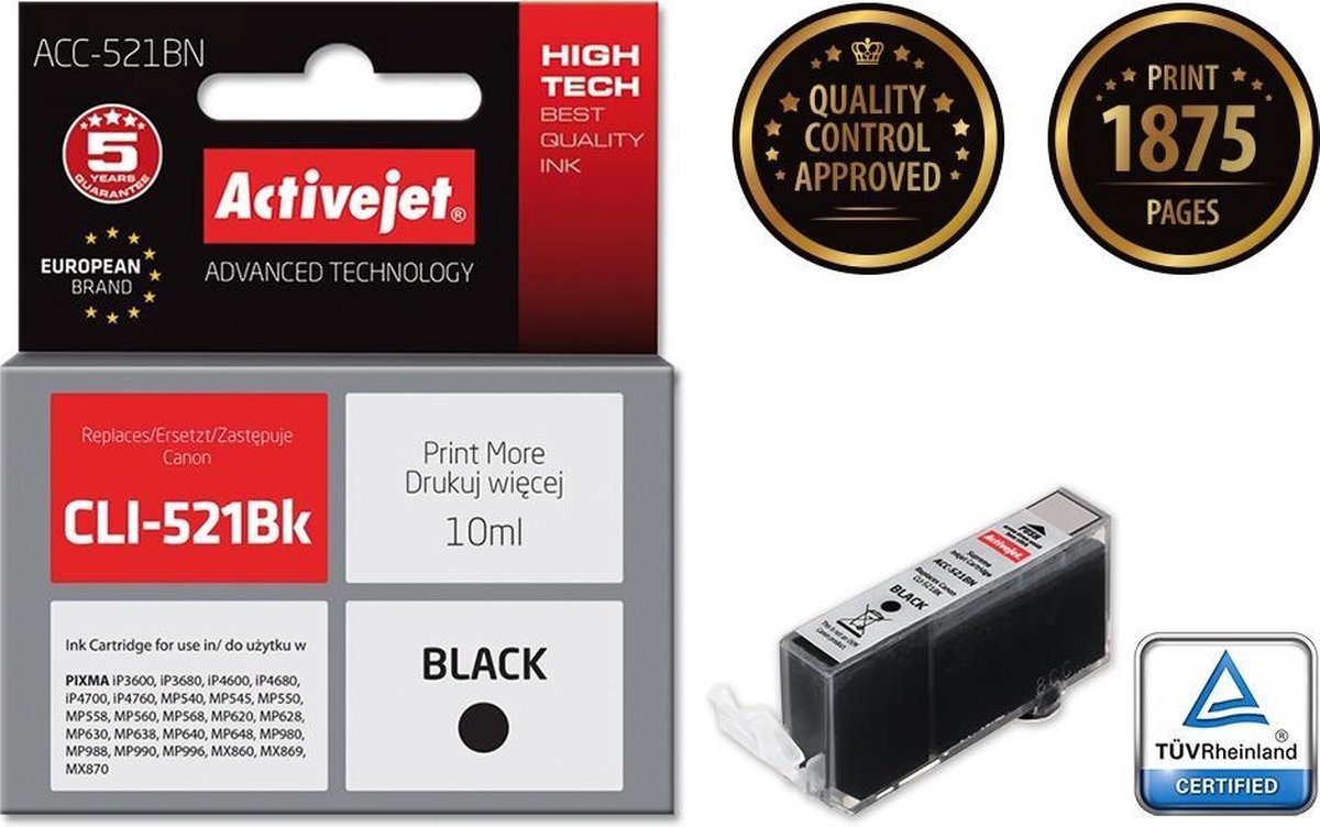 ActiveJet ACC-521BN-inkt voor Canon-printer; Canon CLI-521BK-vervanging; Opperste; 10 ml; zwart.