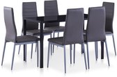 Complete Eettafel set Grijs 7 delig met glazen tafel (Incl Dienblad) - Eet tafel + 6 Eetstoelen - DIneertafel - Eettafelstoelen - Eetkamerstoelen - Eethoek 6 persoons