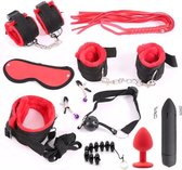 Bondageset | Bondage | BDSM set | Bondage set | BDSM Toy set 11-delig  | Rood | Zwart | Set met gagball, masker, zweep, tepelklemmen, halsband, handboeien, enkelboeien , buttplug,