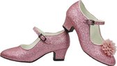 Roze glitter schoenen met hakken + bloemclips + broche (maat 24 - 17cm) prinsessenschoenen kind