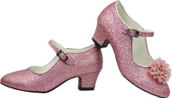 Roze glitter schoenen met hakken + bloemclips + broche (maat 24 - 17cm)...  | bol.com