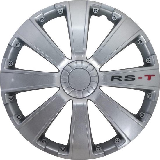 Zilverkleurige wieldop met 10 spaken en rode "RS-T" tekst.