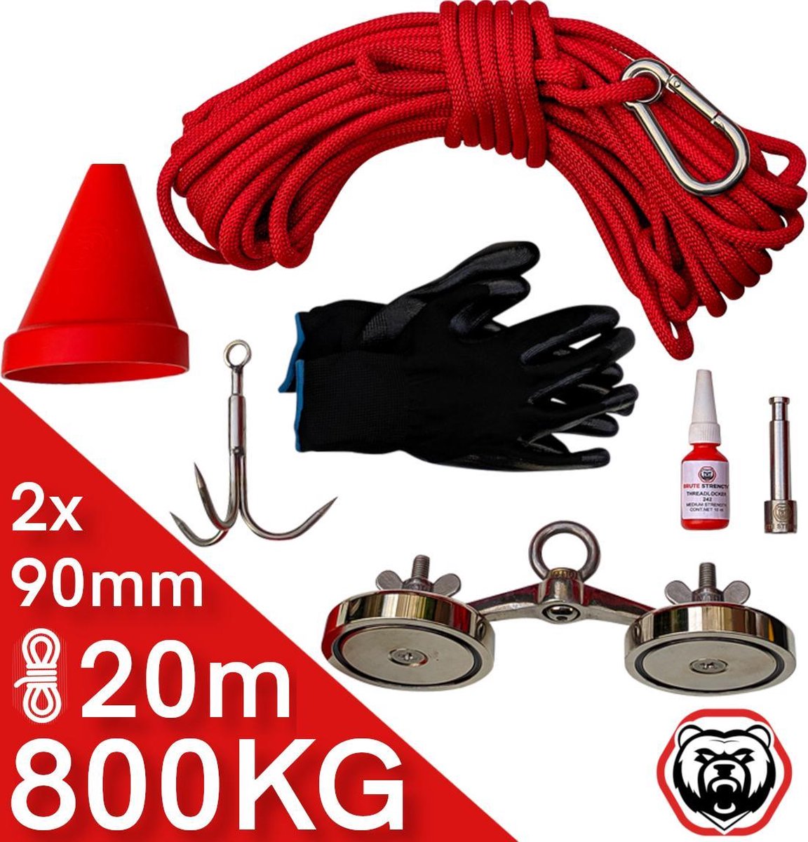 Kit Pêche Magnétique Puissant 400kg Néodyme - Aimant Double Face + Corde 20m + Gants Imperméables - Aimants De Montagne 67mm