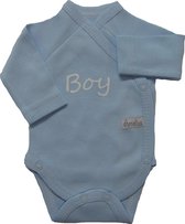 Prematuur Romper blauw lange mouw met opdruk maat 44