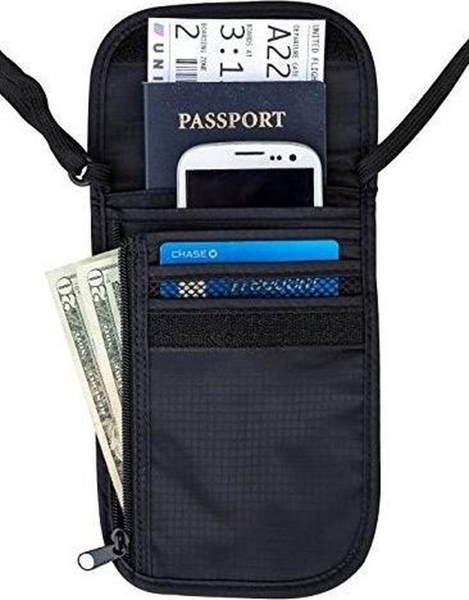 Reisportemonnee/nektasje zwart 14 x 17 cm - Documenten tasje met nekkoord - Nektas voor op reis - Benson