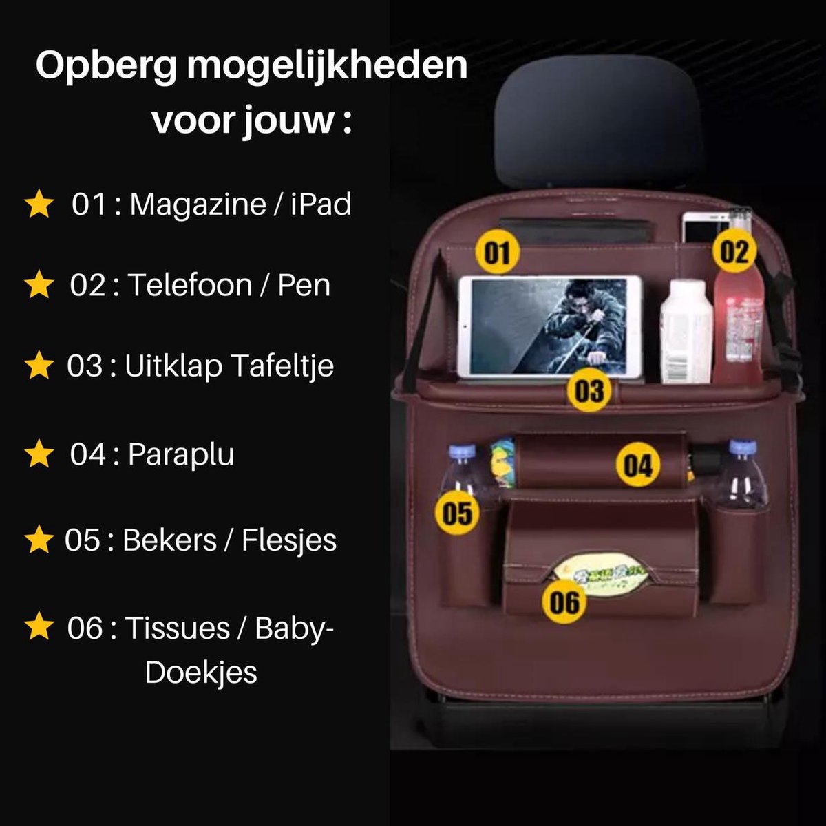 Ruspela Autostoelorganizer, autostoelorganizer met opvouwbaar tafelblad Ruspela Autostoelorganizer, autostoelorganizer met opvouwbaar tafelblad