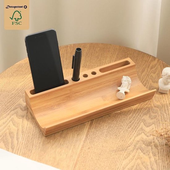 Decopatent® Pennenbakje - Ook geschikt voor het opbergen van Telefoon - bamboe hout pennenbak - pennenhouder - bureau organizer