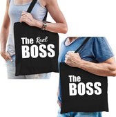 The boss en the real boss katoenen tassen zwart met witte tekst  - tasje / shopper voor volwassenen