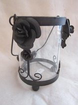 Waxinelichthouder, glas met zwart metaal. 14 x 13 cm Ø