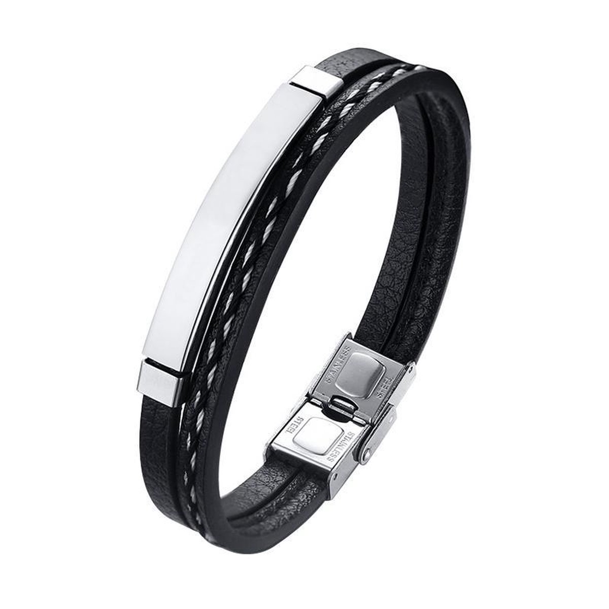 BAZORO® Leren Armband - Heren - RVS Sluiting - 21 cm - Zilverkleurig