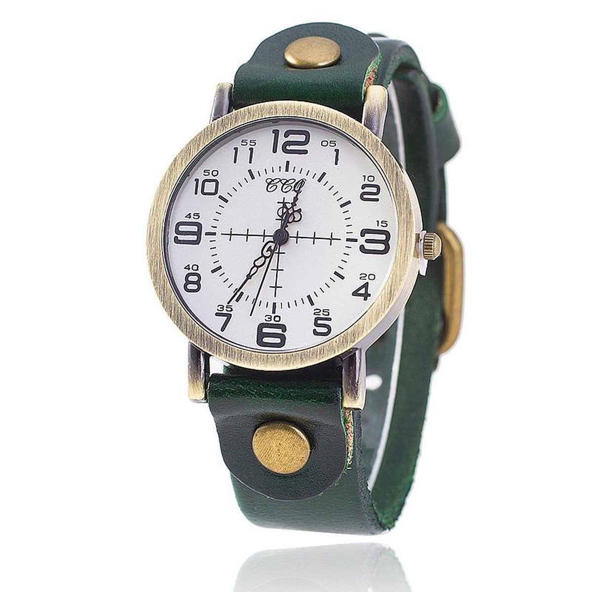 Hidzo Horloge Tijdloos - Ø 35 mm - Groen - kunstleer - In Horlogedoosje