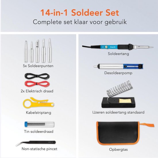 LifeGoods Soldeerbout Station - Set 14-Delig - Verwisselbare Punten - 200-450°C - 60W - Blauw/Oranje - LifeGoods