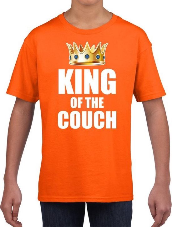 Koningsdag t-shirt king of the couch oranje voor kinderen / jongens - Woningsdag - thuisblijvers / Kingsday thuis vieren outfit 140/152