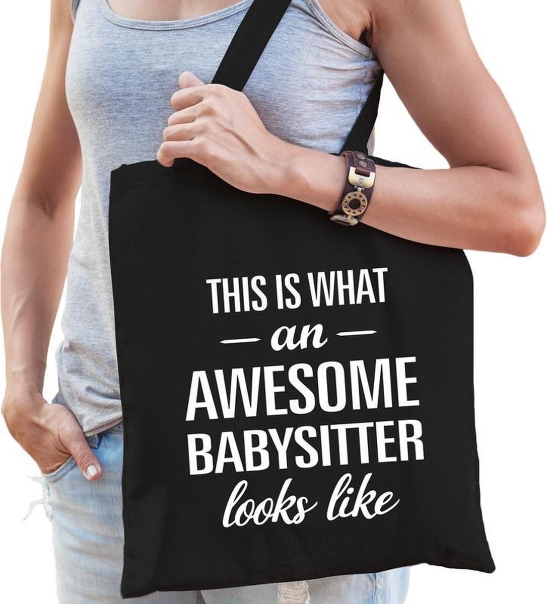 Awesome babysitter / geweldige oppas cadeau katoenen tas zwart voor dames - kado tas /  beroepen / tasje / shopper