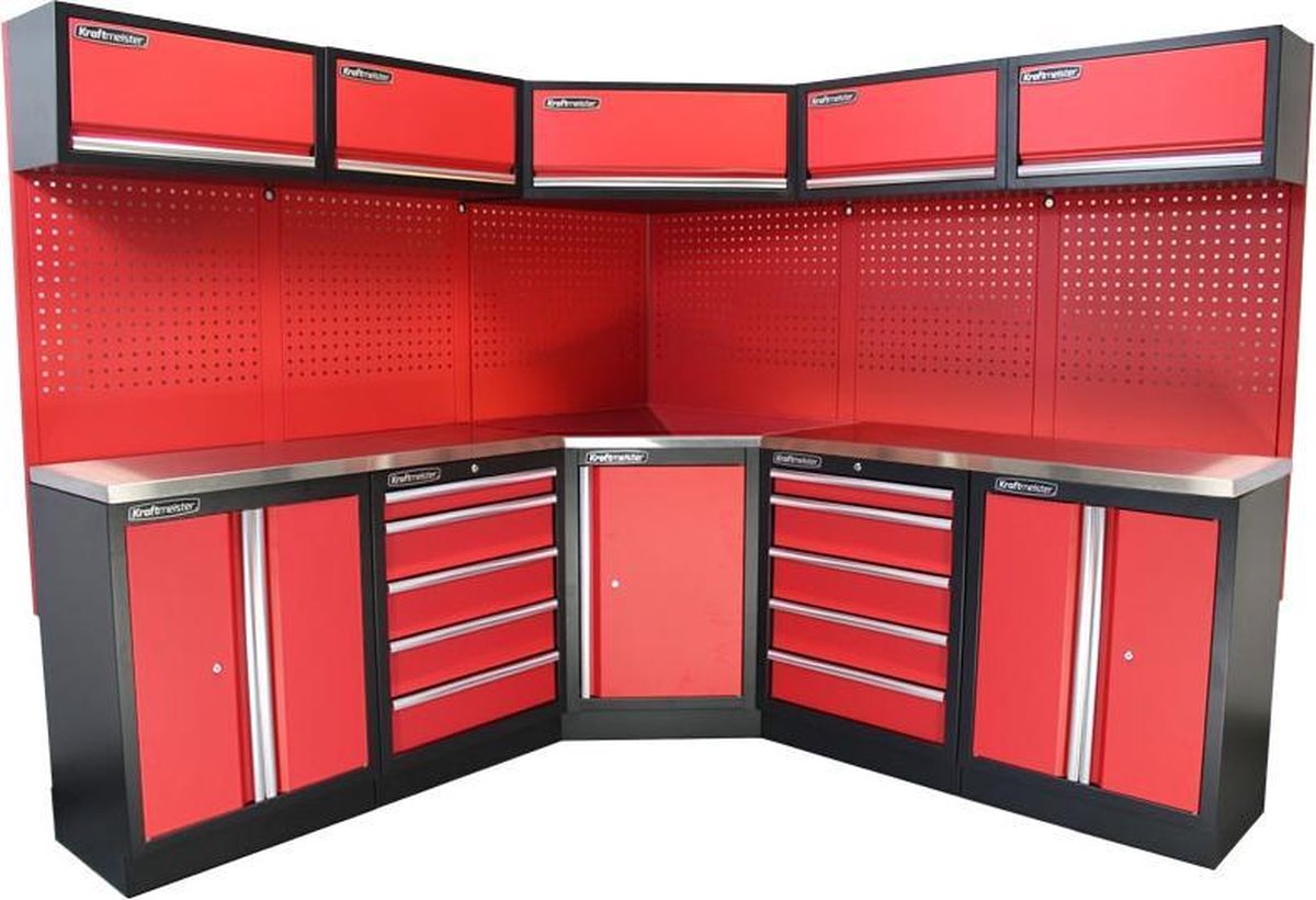 Kraftmeister werkplaatsinrichting - Werkbank met 5 wandkasten, 2 opbergkasten en RVS werkblad - Werktafel met 10 laden en gereedschapswand - Complete set voor werkplaats of garage - Rood
