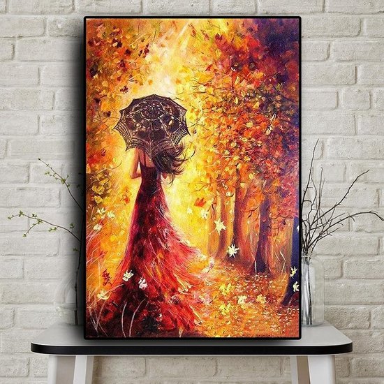 Canvas Schilderij * Meisje in Gouden Bos * - Kunst Poster - Modern Abstract - Kleur - 50 x 70 cm