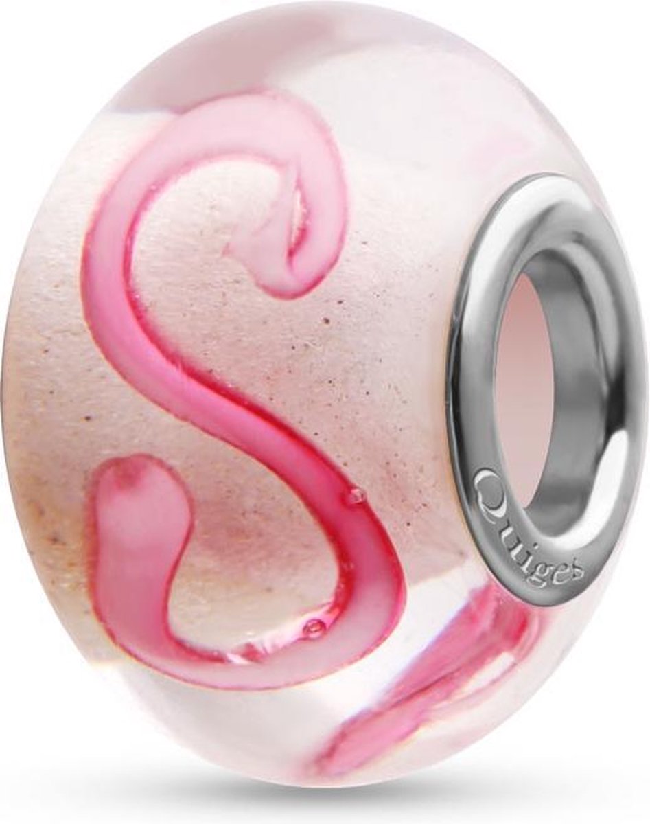 Quiges - Glazen - Kraal - Bedels - Beads Transparant met Roze Slingers Past op alle bekende merken armband NG2032 - Quiges