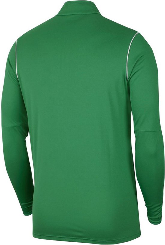 Achterkant van een groene Nike trainingsjas met witte bies langs de naden van de mouwen en de kraag.