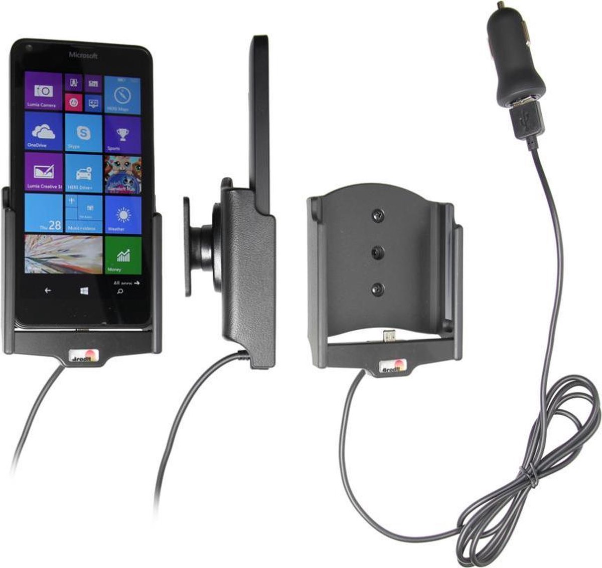 Brodit houder geschikt voor Nokia Lumia 640 Actieve houder met 12V USB plug