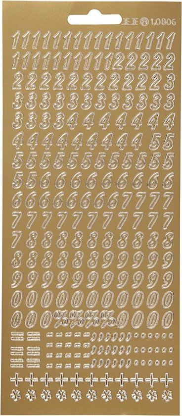 Gouden cijferstickers van 0 tot 9, met verschillende groottes en symbolen.