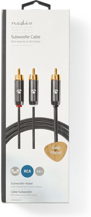 Nedis Subwoofer-Kabel - RCA Male - 2x RCA Male - Verguld - 3.00 m - Rond - 4.5 mm - Grijs / Gun Metal Grijs - Cover Window Box