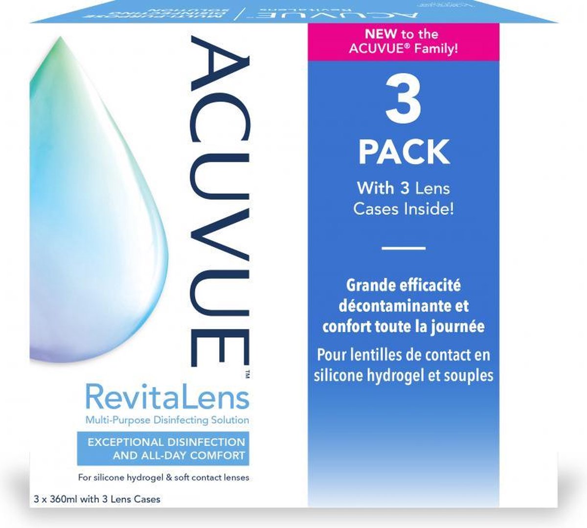 Goedkoopste ACUVUE® RevitaLens® alles-in-één lenzenvloeistof | 3x 360ml 3x lenshouder