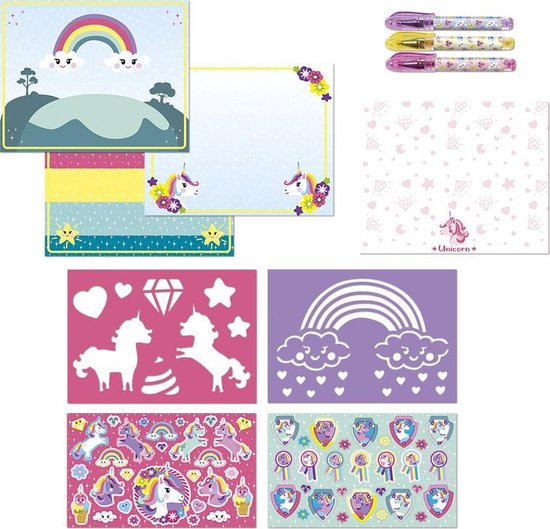 Collage de fournitures d'artisanat sur le thème de la Licorne : papiers, autocollants, pochoirs et stylos gel.