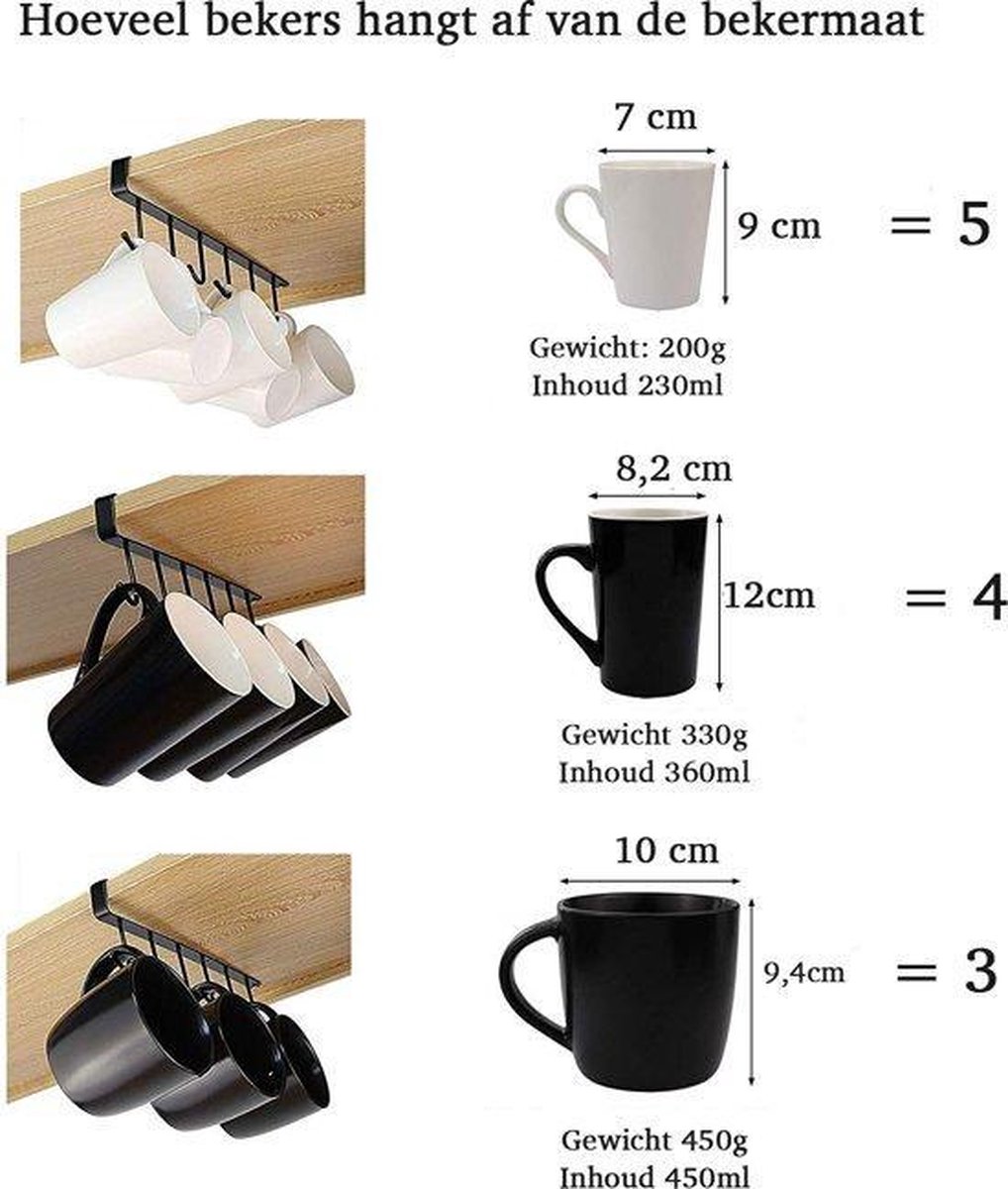 Porte-tasses Suspendu Sans Perçage – Lot De 2, Support Jusqu'à 9 Kg, Fixation Par Crochet U | Pour Armoire, Cuisine - 6