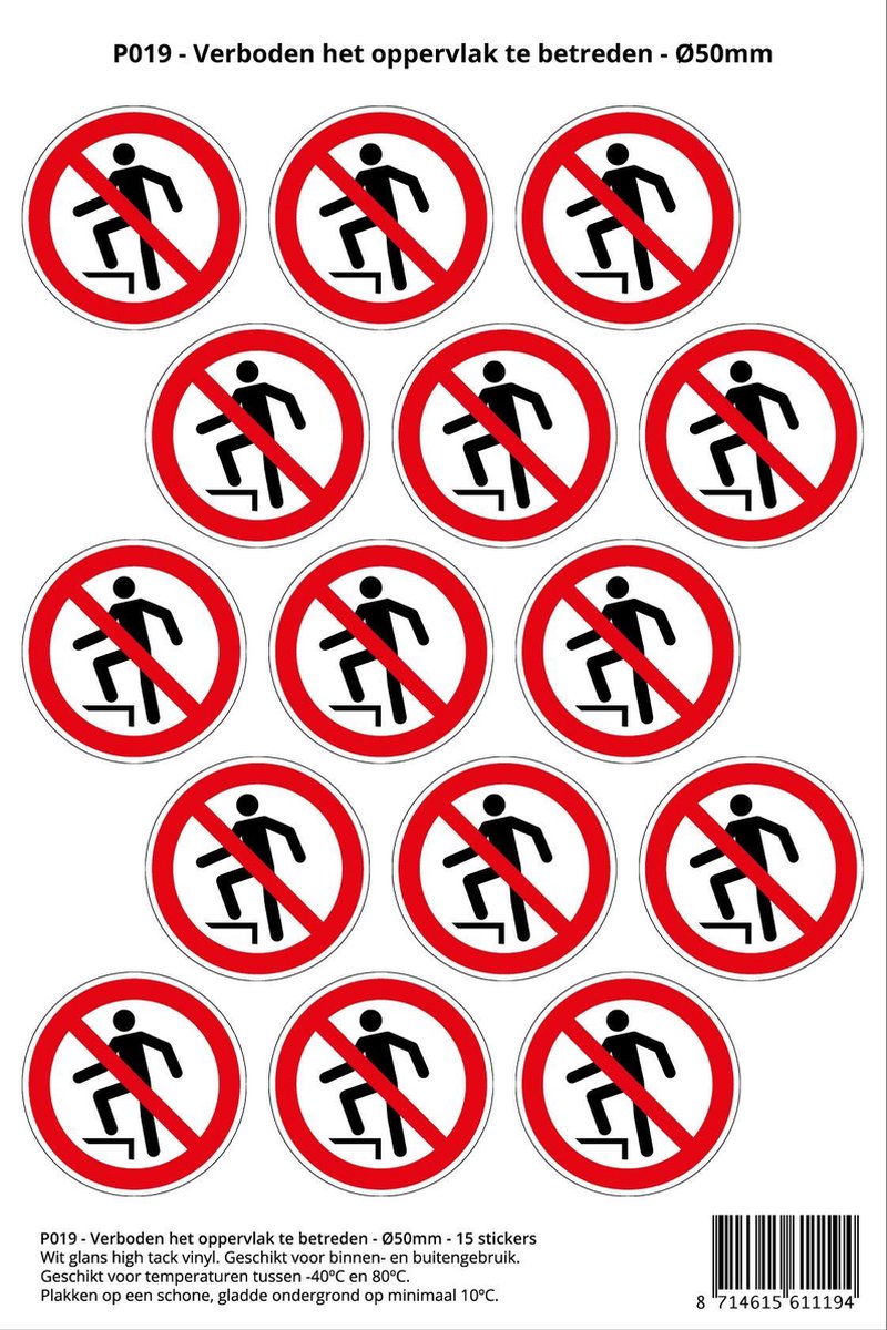 Pictogram sticker P019 - Verboden het oppervlak te betreden - Ø 50mm - 15 stickers op 1 vel
