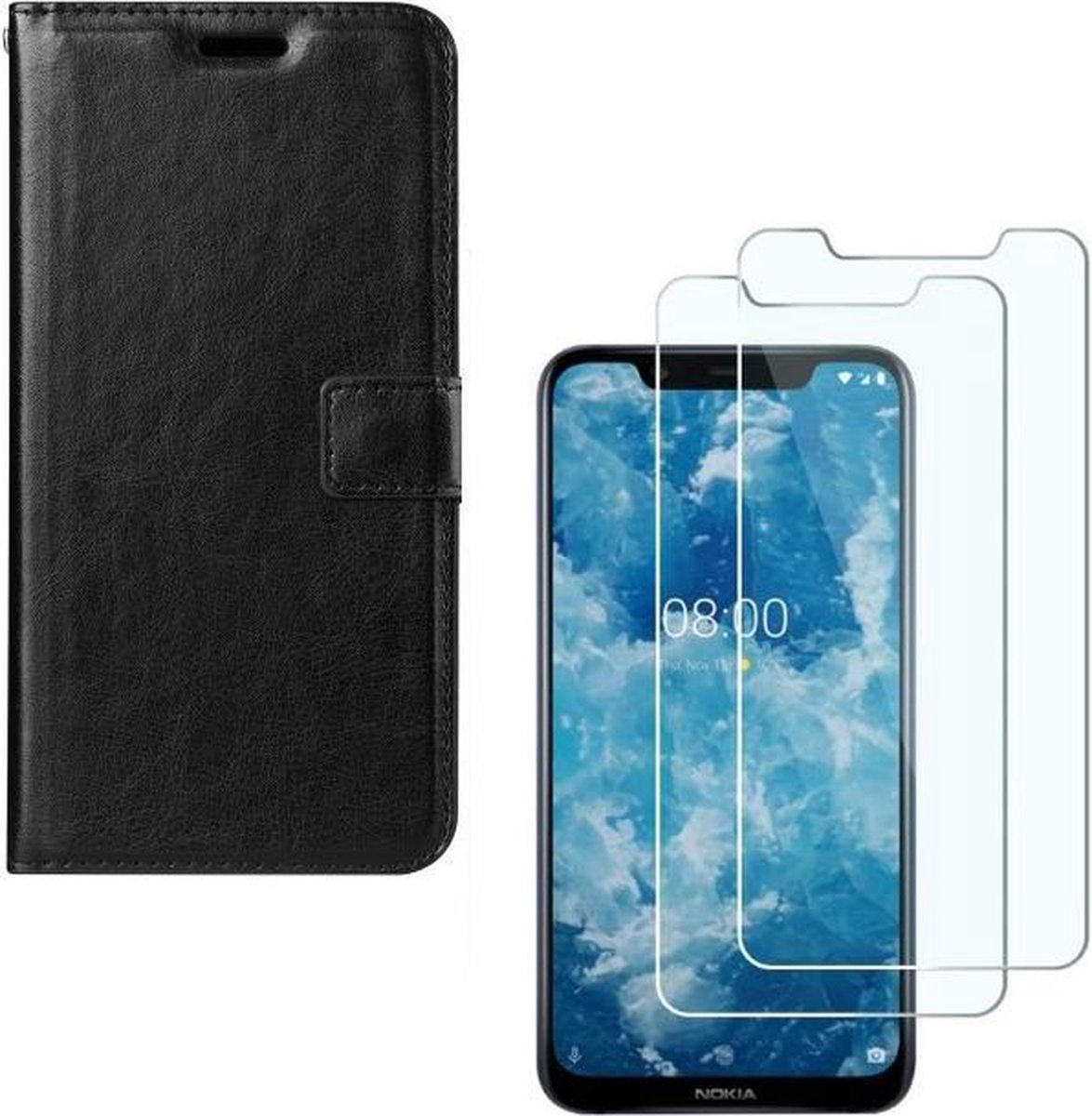 hoesje Geschikt voor: Nokia 7.1 Portemonnee zwart met 2 stuks Glas Screen protector