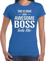 Awesome Boss tekst t-shirt blauw dames - dames fun tekst shirt blauw S