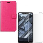 Nokia 5.1 Plus Portemonnee hoesje roze met 2 stuks Glas Screen protector