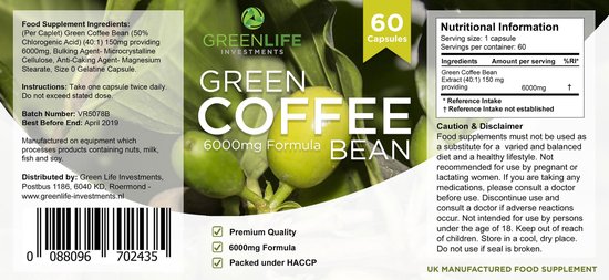 Green Coffee Bean 6000 mg 60 capsules 50 Chlorogenic Acid