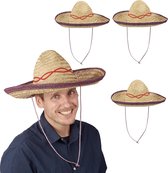Relaxdays 4 x Sombrero naturel - gevlochten strohoed - Mexicaanse hoed - carnaval – beige