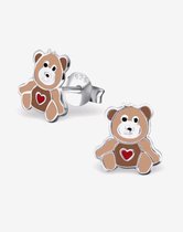 Joy|S - Zilveren beer oorbellen 8 mm met rood hartje