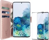 Hoesje geschikt voor Samsung Galaxy S20 Plus - Screen Protector FullGuard - Book Case Leer Pasjeshouder Rosegoud & Screenprotector
