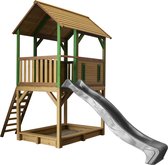 AXI Pumba Speelhuis in Bruin/Groen - Met Verdieping, Zandbak en Grijze Glijbaan - Speelhuisje voor de tuin / buiten - FSC hout - Speeltoestel voor kinderen