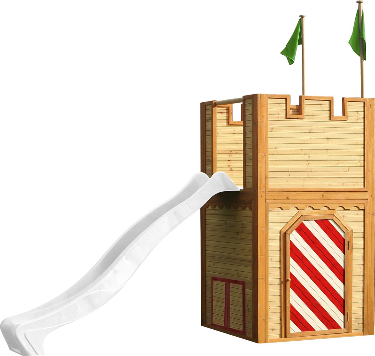 AXI Arthur Houten Speelhuis - Speeltoren met verdieping en Witte Glijbaan - Speelhuisje in Bruin rood & groen - FSC hout - Speeltoestel / Kasteel voor kinderen