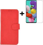 Geschikt voor Samsung Galaxy A51 / A51s Hoes Wallet Book Case Cover Pearlycase Rood + Screenprotector Tempered Gehard Glas
