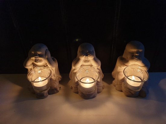 Set van 3 boeddha beeldjes horen,zien en zwijgen met waxine glaasjes | bol