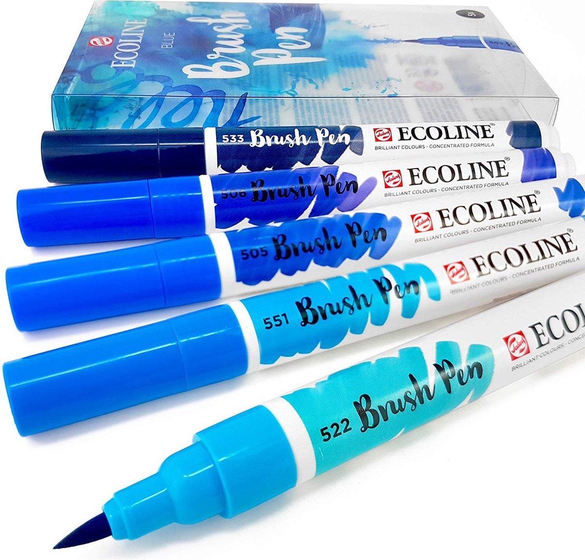 Talens Ecoline Brushpen Set met 5 Pennen (Blauw) + 1 Brush Pen Blender verpakt in een handige Zipperbag + 1 x A4 Ecoline/aquarelblok + Basis Boekje Brush/Handlettering