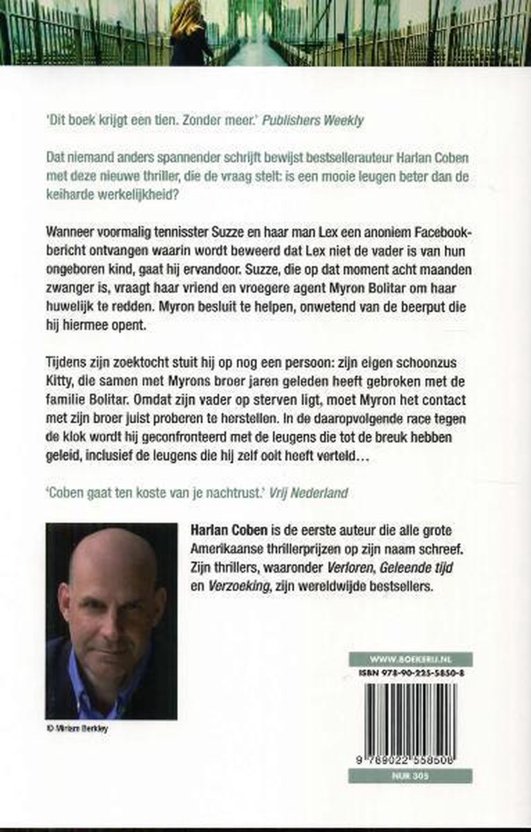 Achterkant van het boek 'Levenslijn' met een foto van Harlan Coben en tekstuele beschrijving.
