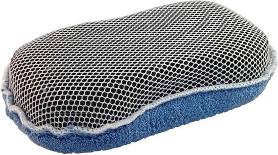 Blauwe spons met aan één zijde microvezel, de andere zijde met wit gaas en omranding.