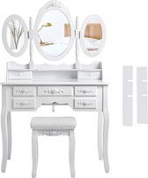 Songmics wit luxueus kantelbescherming kaptafel met 3 spiegels en kruk, 7 schuifladen incl. 2 stuks lades, kantelbescherming, 145 x 90 x 40 cm rdt91 W