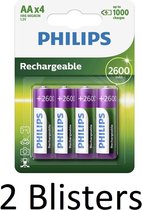 8 Stuks (2 Blisters a 4 st) Philips AA Oplaadbare batterijen - 2500 mAh