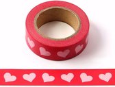 Rode washi tape met roze hartjes | 15mm x 10m