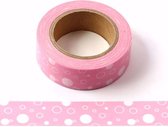 Roze washi tape met witte cirkels en dots | 15mm x 10m