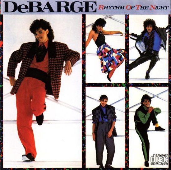 DeBarge Rhythm Of The Night albumhoes met vijf foto's van de bandleden in kleurrijke jaren 80 kleding.