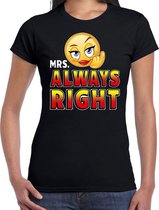 Funny emoticon t-shirt Mrs always right zwart dames XS